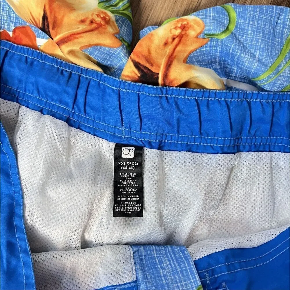 OP Sz 2XL Swim Trunks Board Shorts Mens Drawstring Blue Hawaiian Floral 0841